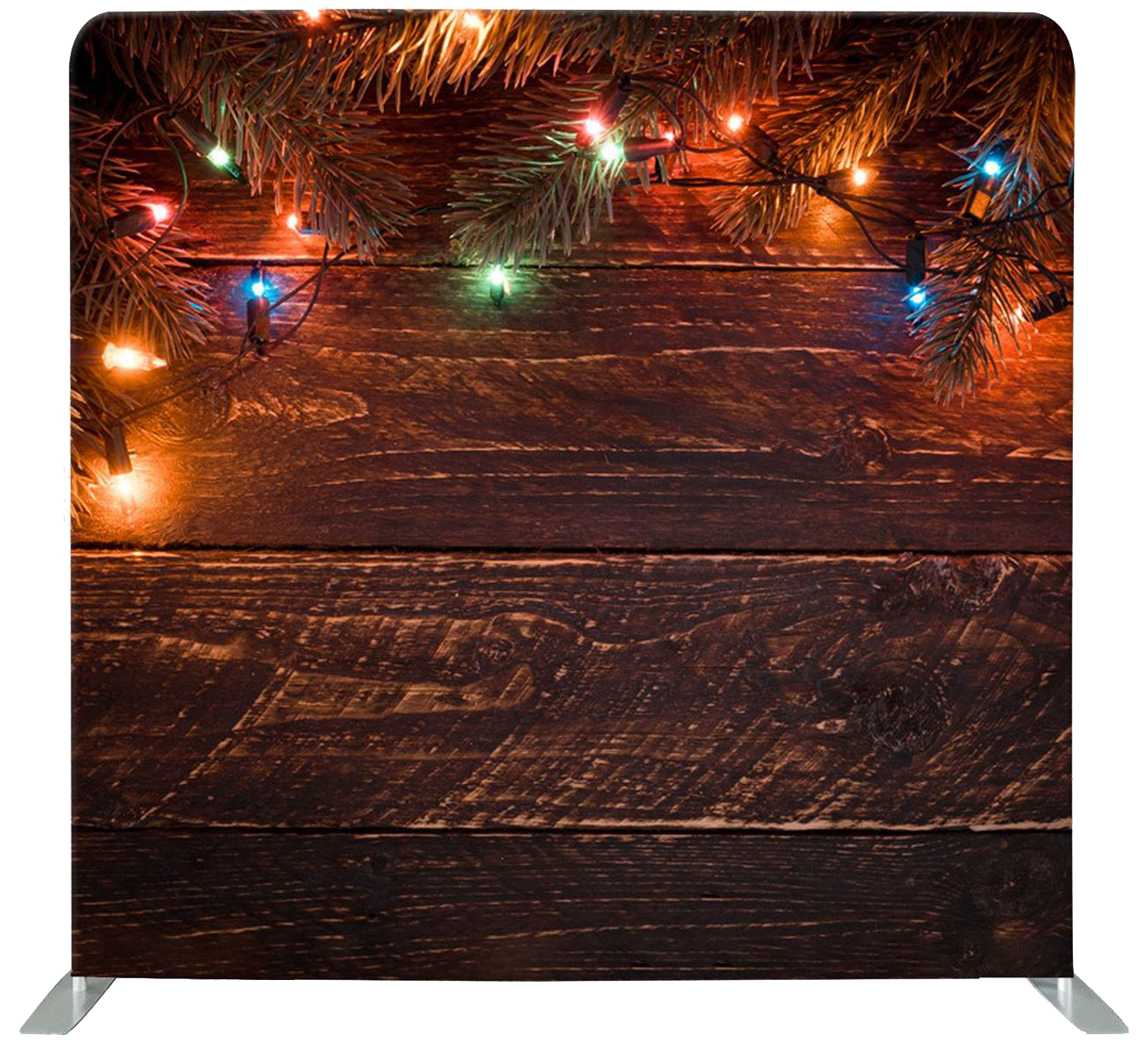 Christmas Lights and Pine Branch photo booth backdrop dark wood with pine needles and mini Christmas lights